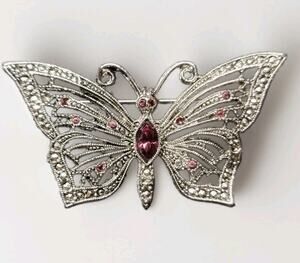 Vintage LIA Marcasite, Amethyst & Garnet Rhinestone Butterfly Brooch Pin